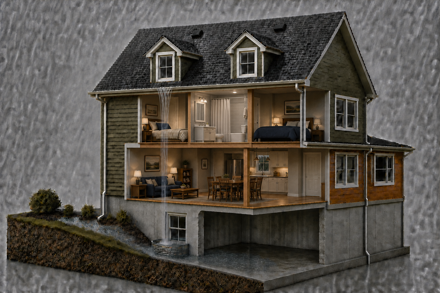 Summer cutaway home illustrating rainwater management, attic heat, interior rooms, a window well, and basement conditions
